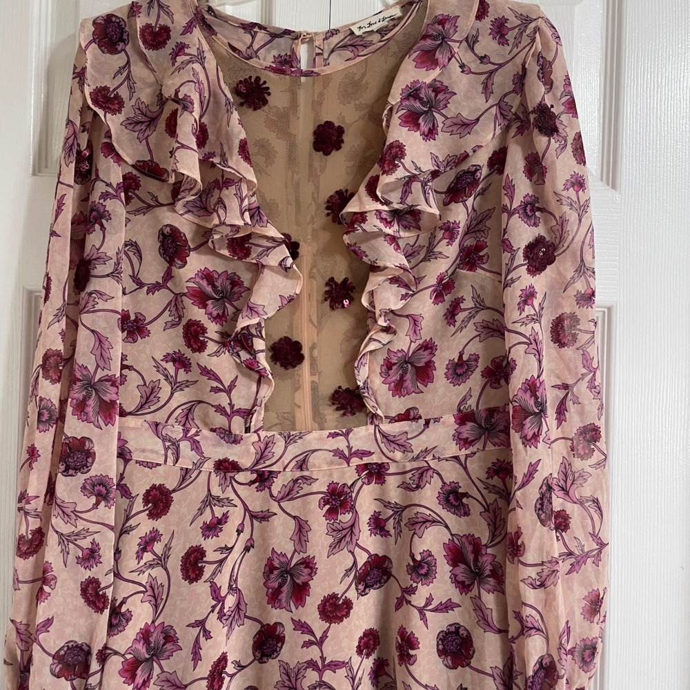 For Love and Lemons Floral Mesh Ruffle Agnes Mini Dress Pink Burgundy Sleeve L - Picture 4 of 16